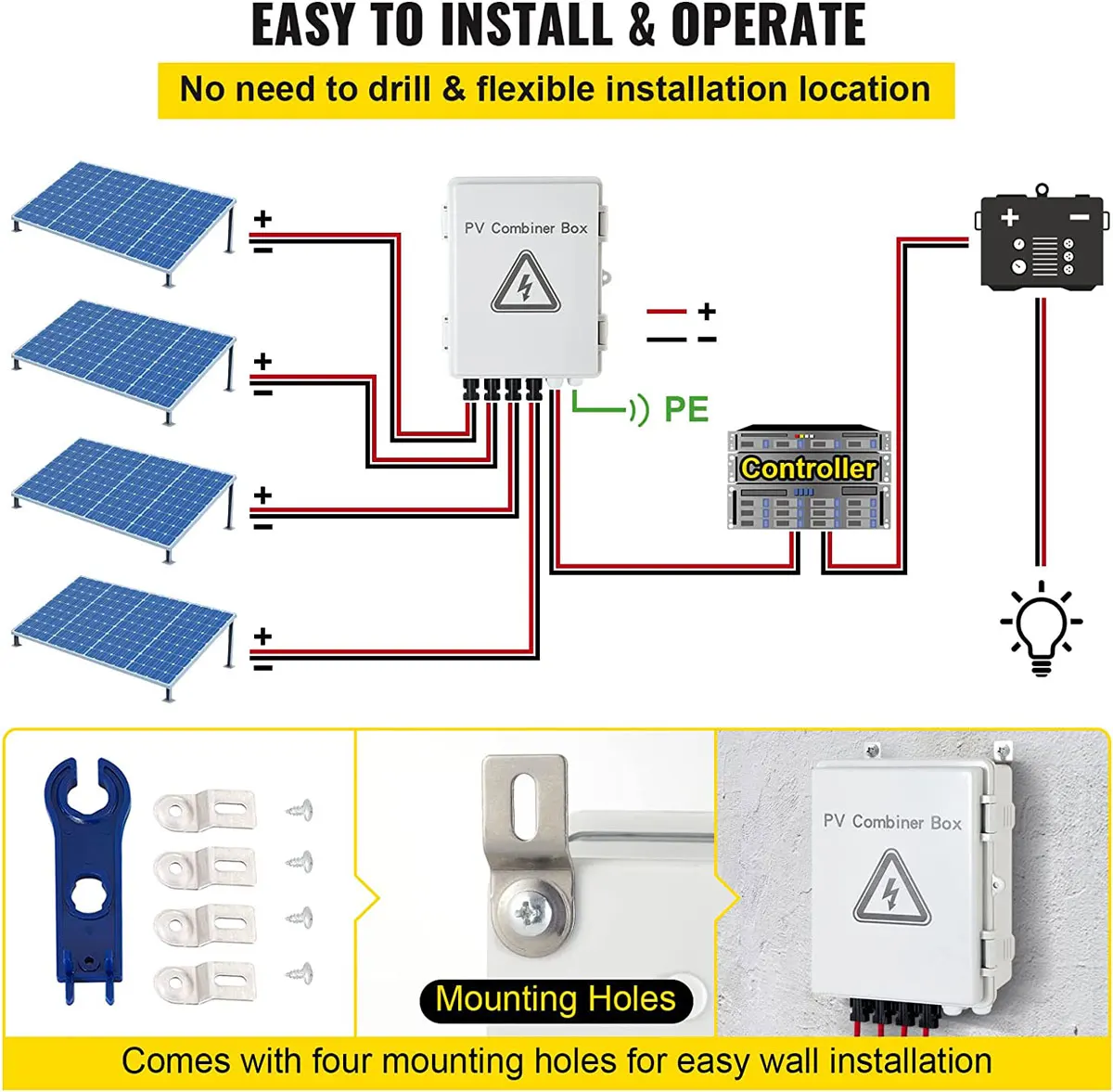 4 String PV Combiner box Waterproof Solar panel junction box with Fuse Breaker Surge Arrester for On Off Grid Solar Panel System