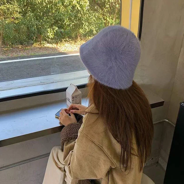 Warm Fluffy Faux Fur Plush Bucket Hat 