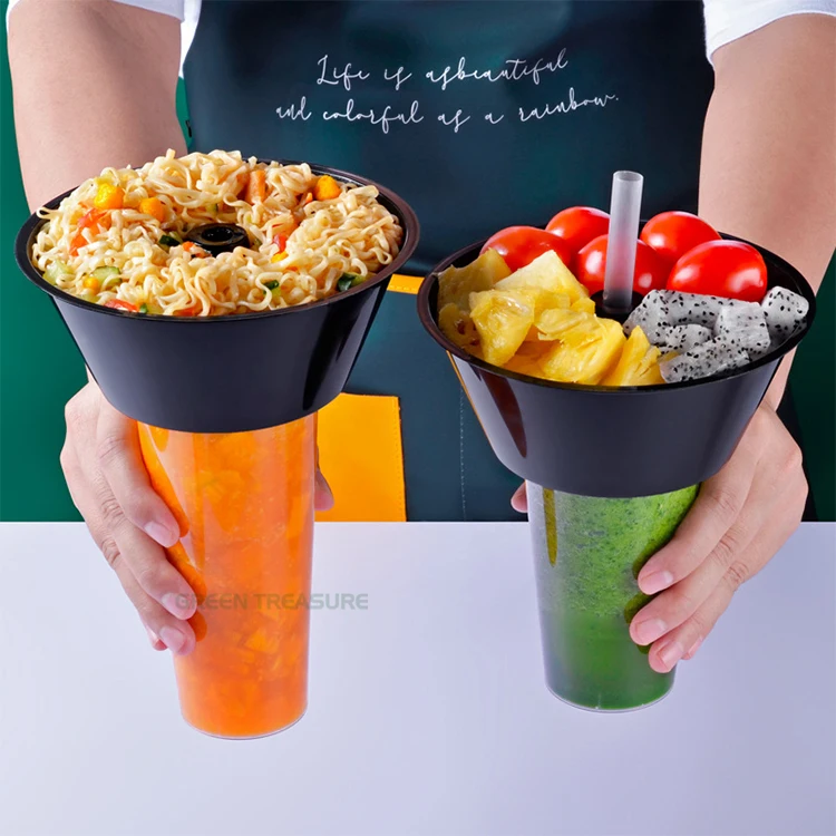 Custom Logo 500ml 700ml Clear Frosted Eat and Drink Plastic PP Injection Cup 2 in 1 Food Snack Bowl Plastic Hotpot Juice Cup