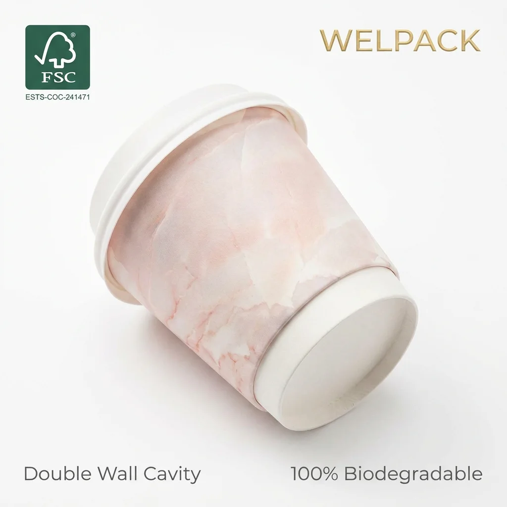 8oz Double Wall Paper Cup Forest Certificate Marble Pattern Disposable Coffee Cup Custom Logo Printe