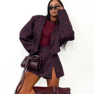 2025 Female Vintage Lapel Long Sleeve Crop Shirt with High Wais Mini Skirt Set Fashion Loose Leopard Print Women Two Pieces Set