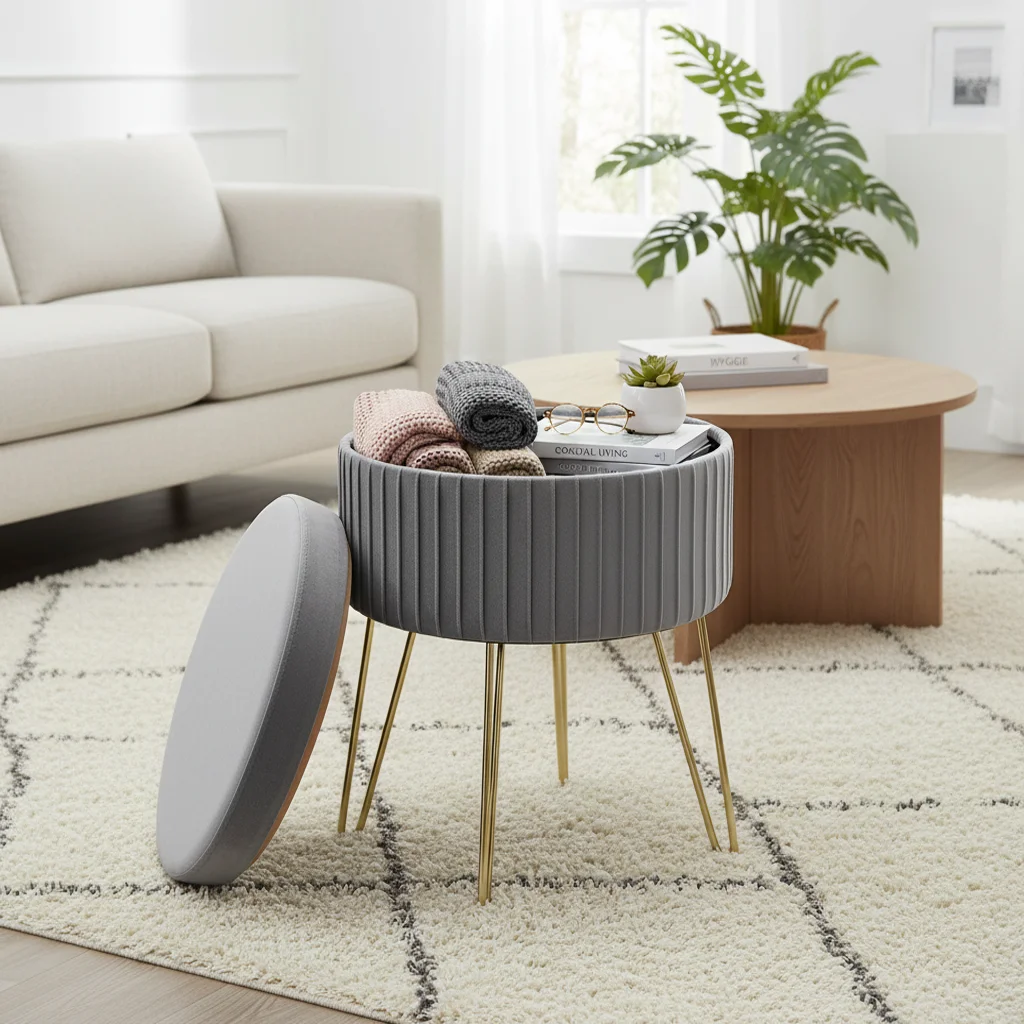 Luxury Upholstered Tufted Round Velvet Stool Footrest Ottoman with Metal Legs for Living Room