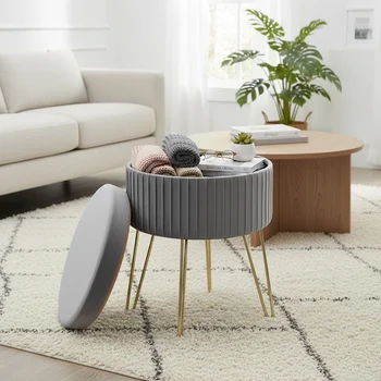 Luxury Upholstered Tufted Round Velvet Stool Footrest Ottoman with Metal Legs for Living Room