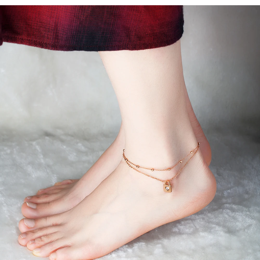 Delicacy rose gold double layer adjustable cuban chain bohemian style zircon lock pendant feet jewelry gift anklet for women