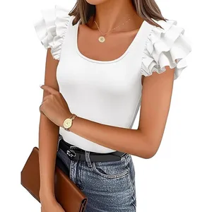 2025 Summer Women's Ribbed Knitted Casual Square Neck Short Sleeved T-shirt