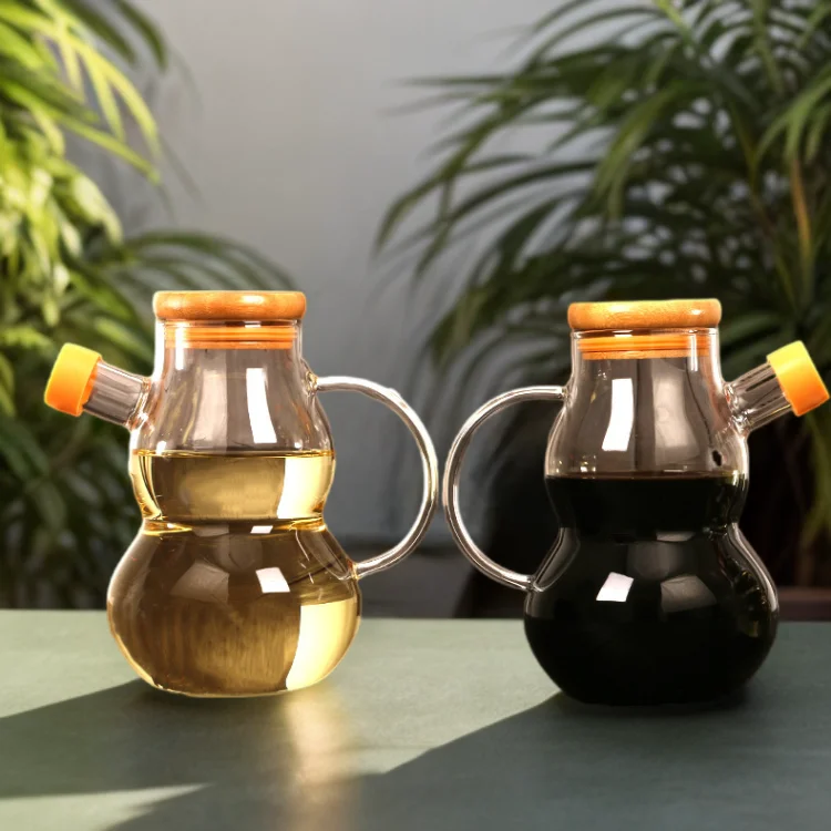High Borosilicate Gourd Shaped Cooking Oil Glass Pitcher with Wood Lid ...