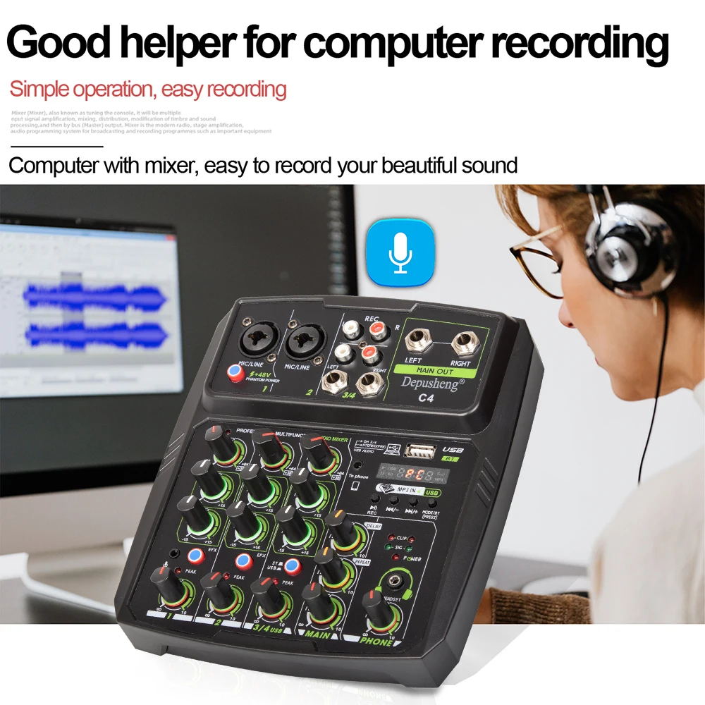 Depusheng C4 Multifunctional Computer Mobile Phone Recording Live 4 Channel Mini Audio Mixer