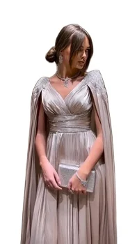 2025 Luxury Crystal Rose Gold Evening Dress With Cape Elegant V