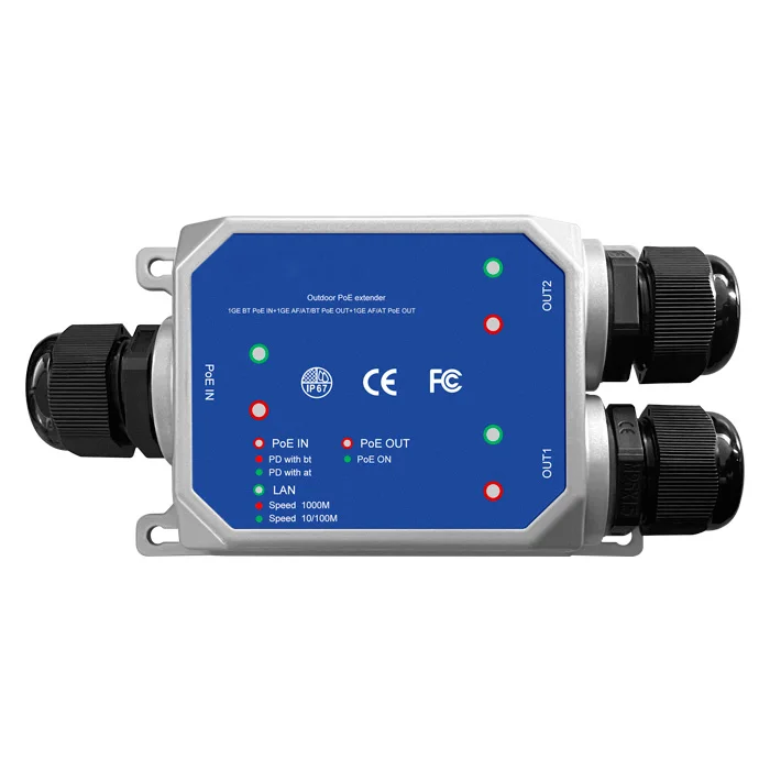 IP67 Har xil havodagi suvdan himoyalangan 2 portli Gigabit POE Takrorlovchi 1 kirish 2 chiqish BT 90V POE++ Kengaytuvchi