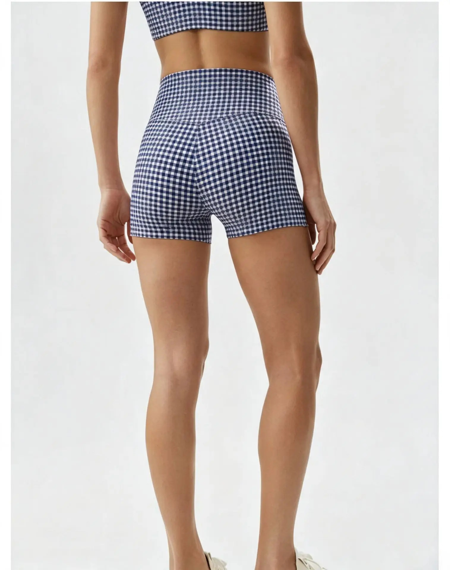 Womens Checkered Yoga Set Racerback Padded Sports Vest High Waist Shorts Quick Dry Stretch Fitness Outfit — detail