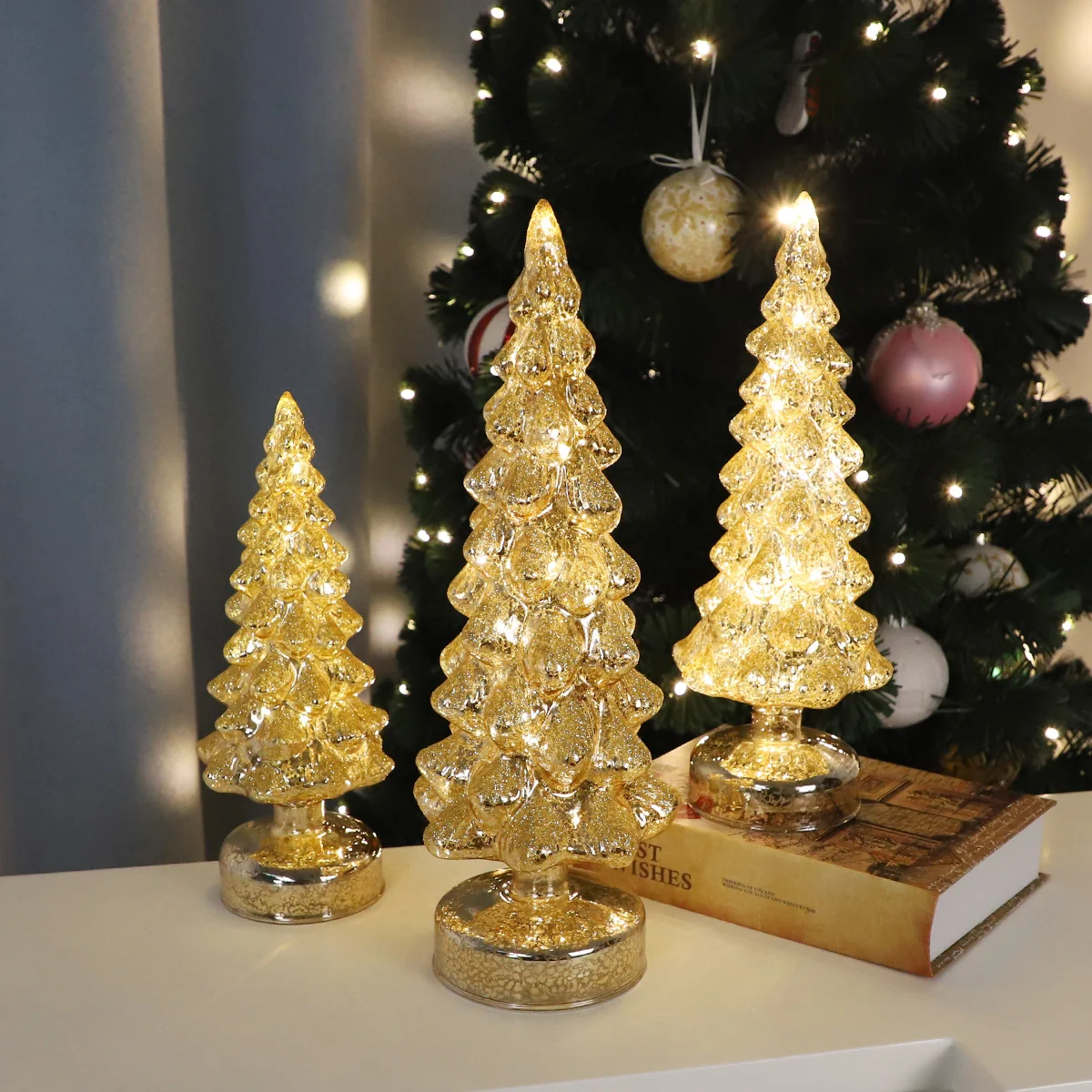 Wholesale high quality tabletop pre lit little christmas glass tree custom white confetti lighted glass holiday tree with light manufacture