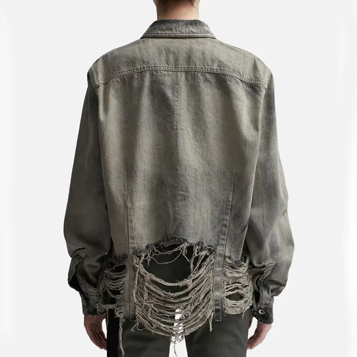 Hip Hop Men's Distressed Washed Denim Shirt with Ripple Holes