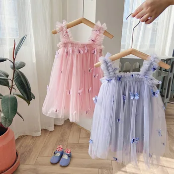 Girls Dresses Children's Clothes Embroidery Mesh Girl Dress 2023 Summer Children's Strap Dress