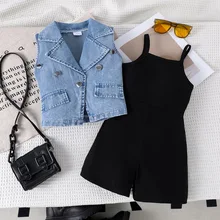 Summer Girls' 2-Piece Set: Collared Denim Vest + Solid Color Sling Romper