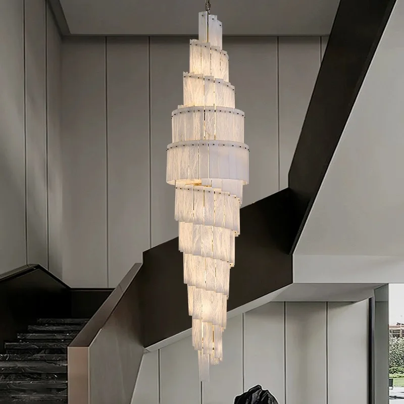 Customized luxury alabaster modern entryway spiral chandeliers hotels decoration long large pendant light for hall foyer stairs