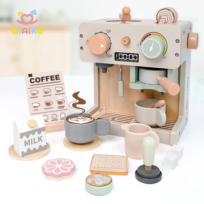 Qiaike Holz-Montessori-Mini-Rollenspiel-Kaffeemaschine als Spielset für Kinder – Zubehör für Spielküchen