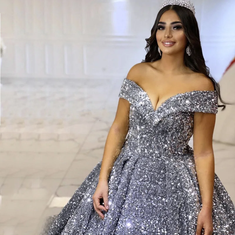 2024 Bride Off-Shoulder Ball Gown Wedding Dress Modern European American Sequins Dream Princess Trailing Performance Tutu Skirt