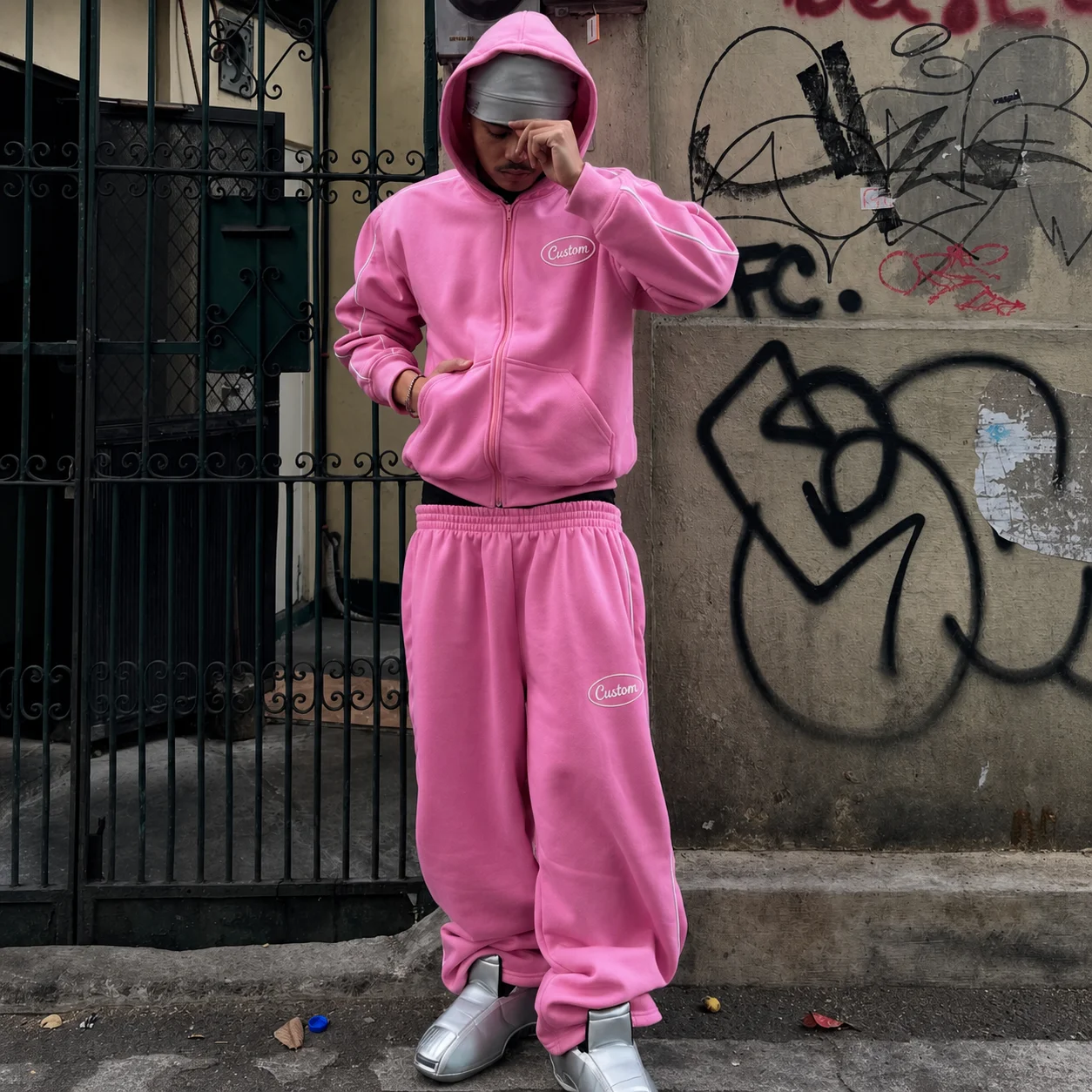 Wholesale Custom Heavy Terry Fabric Mens Autumn Streetwear All Over Printed Side Stripe Zip-Up Hoodie Sweatpants Set gallery 4