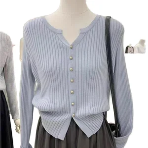 JAC22 YC421 Women's Slim Fit Slimming V-neck Long Sleeved Solid Spring Anti-Wrinkle 100% Cotton Knitted Tank Top