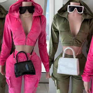 Huili Custom Logo 2 Piece Velvet Side Pocket Joggers Matching Set High Quality Crop Top Hoodie Thick Velour Tracksuits Women