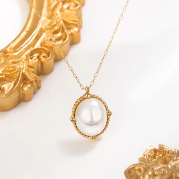 Wholesale Gold Plated Stainless Steel Pendant Pearl inlay bean Necklace jewelry for girls women