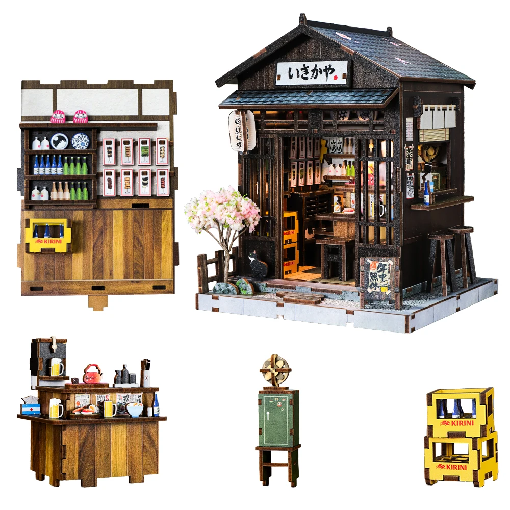 DIY Book Nook Kits Japan Architecture Miniature House Kit Tavern Cottage Wooden Toy Miniature Toys 3D Puzzle with LED Light Gift