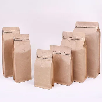 Custom Biodegradable Compostable Stand Up Side Gusset Pouches 250g Flat Bottom Tin Tie Kraft Paper Coffee Bag With Valve Zipper
