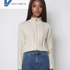 China V-times 2026 Women's Retro High-Neck Twist Double-Zipper Knitted Cardigan Loose Korean Style Autumn Sweater Jacket