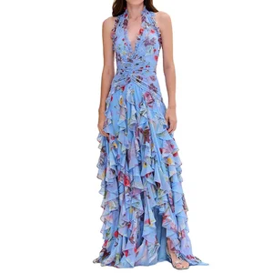 Custom High Quality Summer Causal Ladies Summer Sleeveless V-neck Ruffled Skirts Floral Floor-Length Dresses