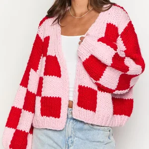 Wholesale American Style Pink Red Checkered Oversized Chunky Knit Cardigan Sweater Women