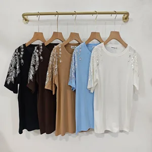 Factory Wholesale Women's Beaded Embroidery Party Cotton Tshirt Best-Selling Heavily Embellished Streetwear Summer Rhinestone