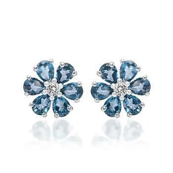 Unique Gift For Girls 925 Sterling Silver Jewelry London Blue And White Topaz Flower Stud Earrings