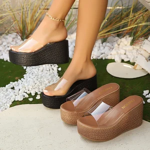 New Ladies Big Sizes Wedge Heeled PVC Sandals Female Summer Women Slippers Open Toe Outdoor Women Slope Wedge Heel Slippers