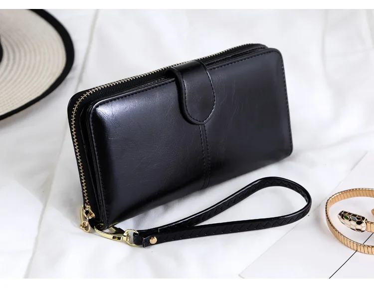 New Ladies Young Leisure Long Wallet Wax Leather Retro Large Capacity ...