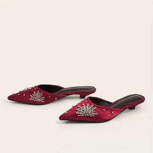 BUSY GIRL CXX195 2026 Sexy Party Banquet Burgundy Satin Pointed Rhinestones Closed Toe Low Heel Half-Slip Women's Sandals Mules