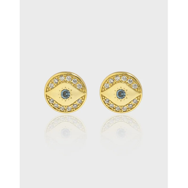 Korean Version of Ins Niche Design, Geometric Circular Devil's Eye Inlaid with Zirconia Texture S925 Pure Silver Ear Nail Female