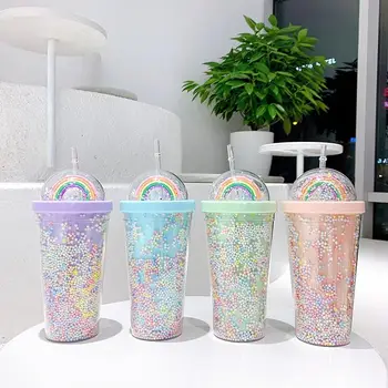 Hot Sale Double-Wall Clear Summer Water Bottle Colorful Glitter Rainbow Tumbler Cup with Straw Lid Sippy Cup Mugs