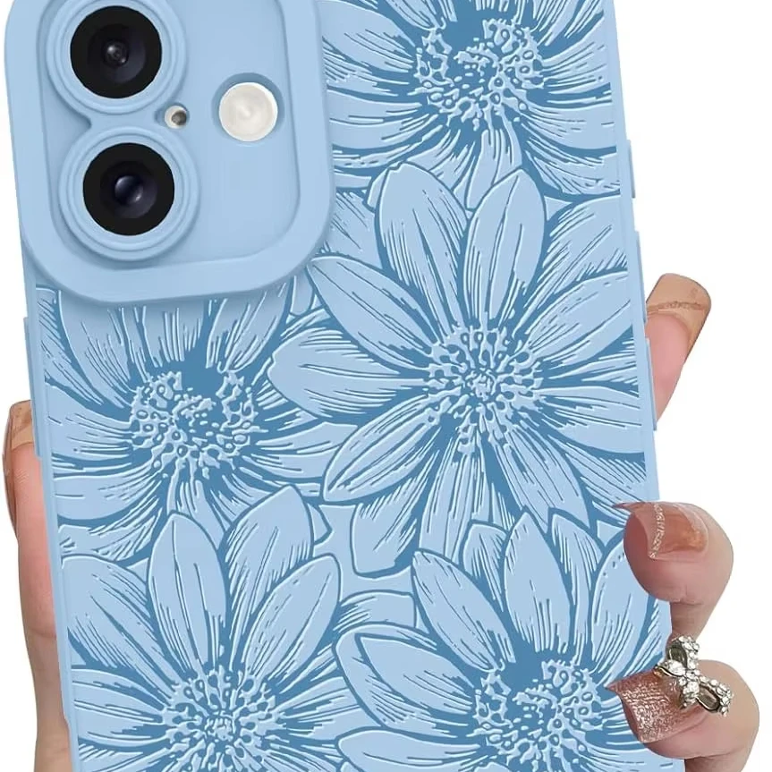 Case for iPhone 16 Pro Silicone Black Floral Flowers Sunflowers Cute Pattern Camera Protection Soft Slim Case for Girls Women