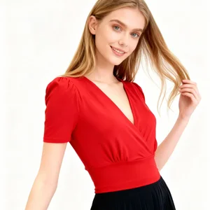 Women Elegant Fitted V Neck Shirt Soft Stretch High Quality Fashion Casual Cross Cinched Waist Crop Tops