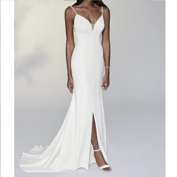 Plain Solid White Summer Sexy Sling Wedding Gown Wedding Dress with Long Trail