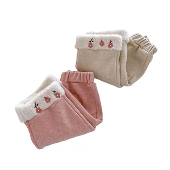 Girls Plus Velvet Casual Baby Pants Winter New Style Children's Clothing Fashion Embroidered Kids Trousers