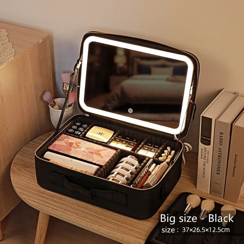 Portable Large Capacity Train Makeup Bag Case Pink with 3 Level LED Light  Mirror