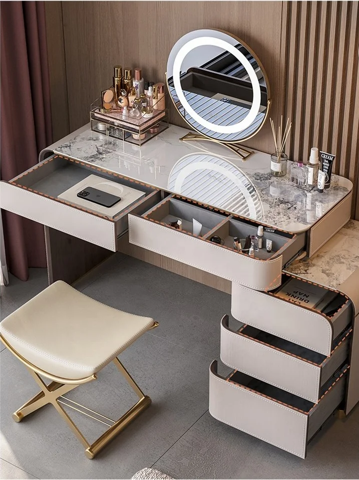 Minimalist Dressing Table with Slate Top Modern Bedroom Stainless Steel  Base Leather Vanity Dresser Mirror with Lights Furniture