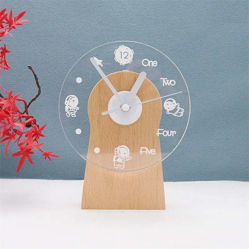 2023 Custom Design Wood Silent Light in Dark Night Nordic Fashion Desktop Clock Non Ticking Clock With Night Light