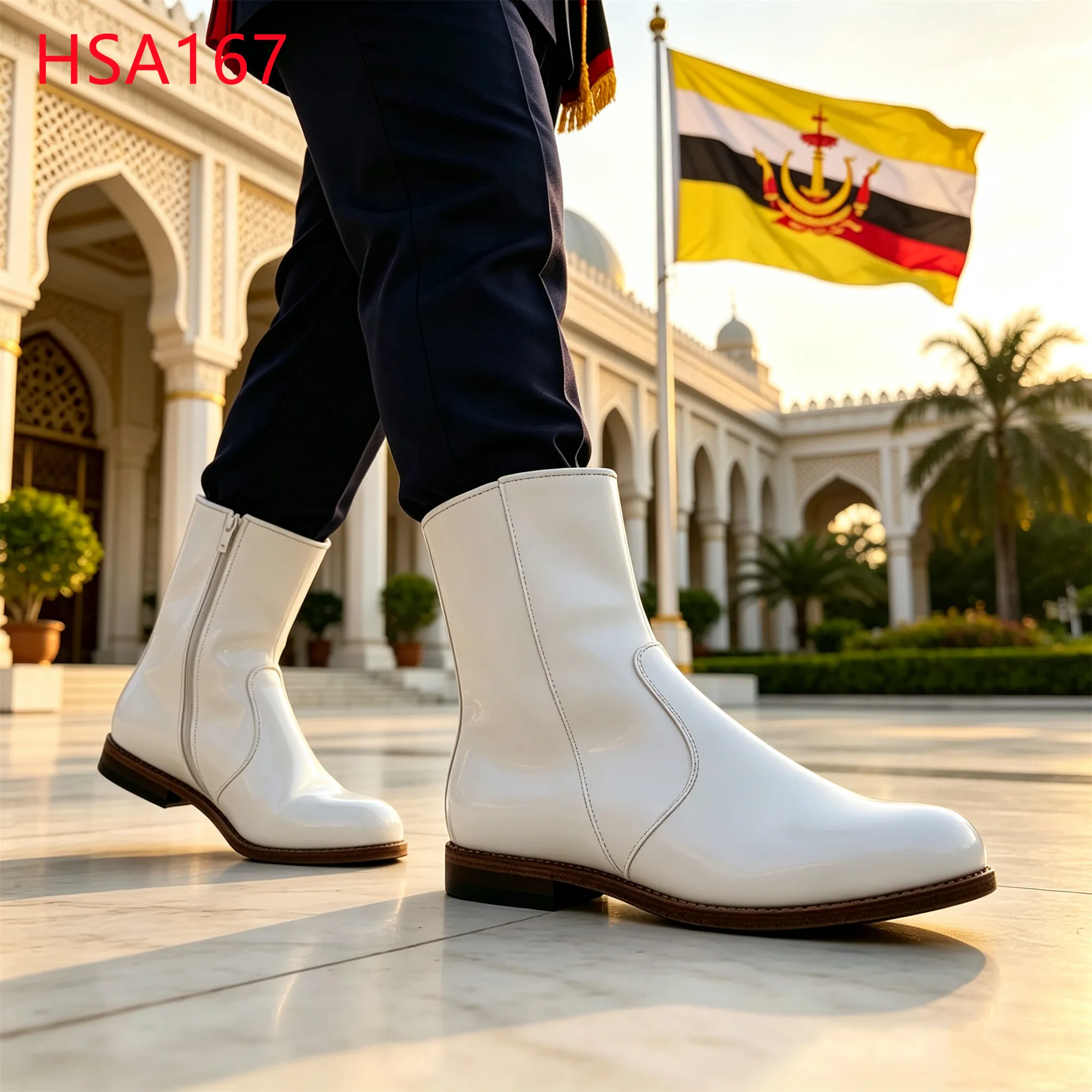 LXG,Brunei Like White Full Grain Patent Leather Ceremonial Dress Boots Goodyear Leather Outsole Hua Singh Uniform Shoes HSA167