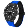 Boîtier de montre en fibre de carbone noir et blanc + bracelet en nylon bleu
