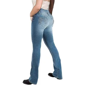 European American Cross-Border Women's Vintage High-Waist Hip-Lifting Tummy-Control Flared Bootcut Denim Jeans Nylon/Cotton
