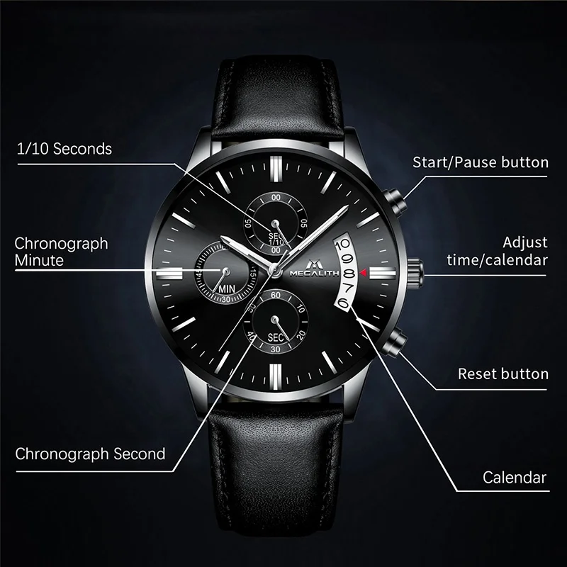 Megalith 8008 High Quality Leather Quartz Watch Waterproof