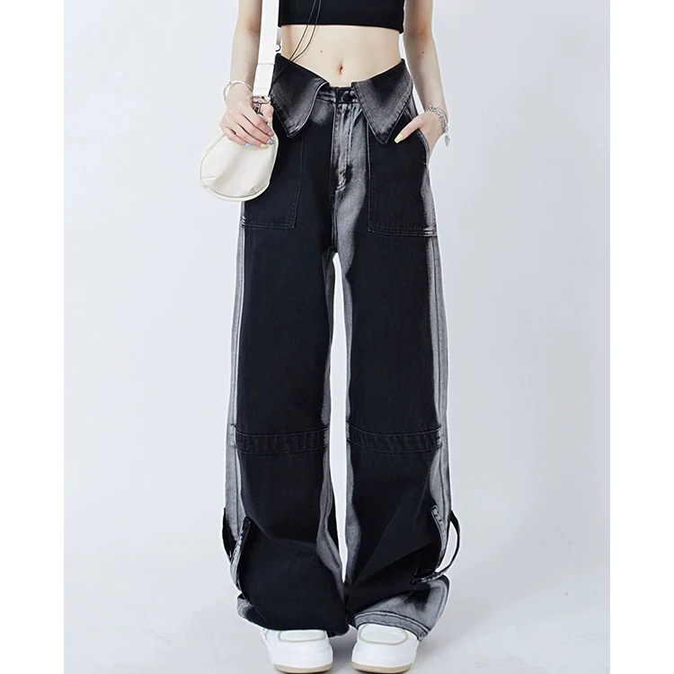Ladies Trousers Y2k Hot High Street Cuffed Denim Jeans New Autumn Design Feeling Loose Thin Matching Straight Streetwear Pants