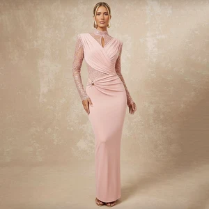 ZYHT 73954 Pink Jersey Stretchy Bodycon Sexy Lace Patchwork Long Sleeves Summer Spring Party Formal Club Women Dress